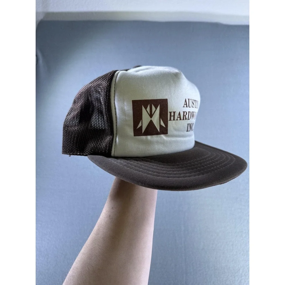 Vintage‎ Austin Hardwoods Hat Cap Snap Back Mens One Size Brown Trucker Mesh 80s